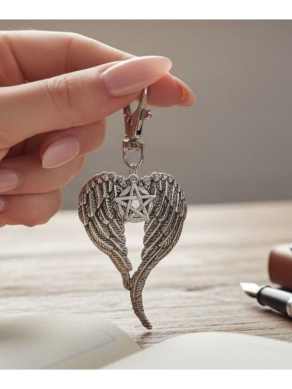 Angel Wing Pentagram Keychain Silver Clip Christian Witch